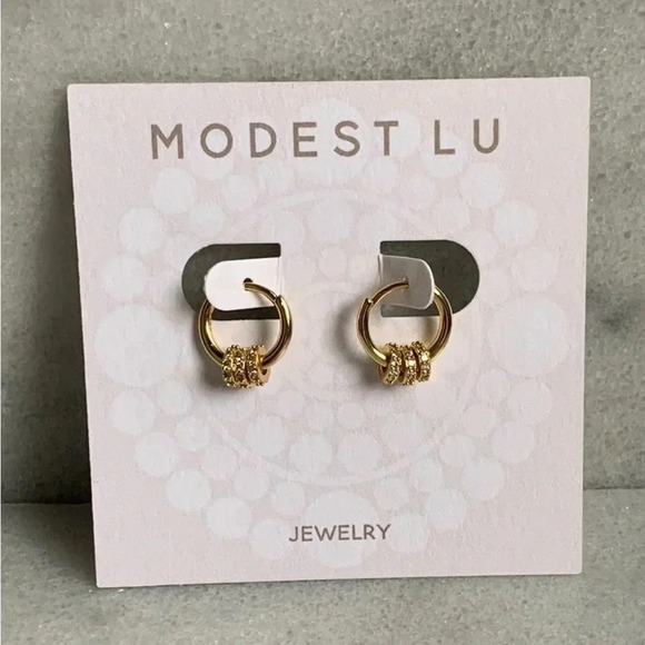 Gold Crystal Round Huggie Hoop Earrings Sterling Silver Brand New - Picture 3 of 4